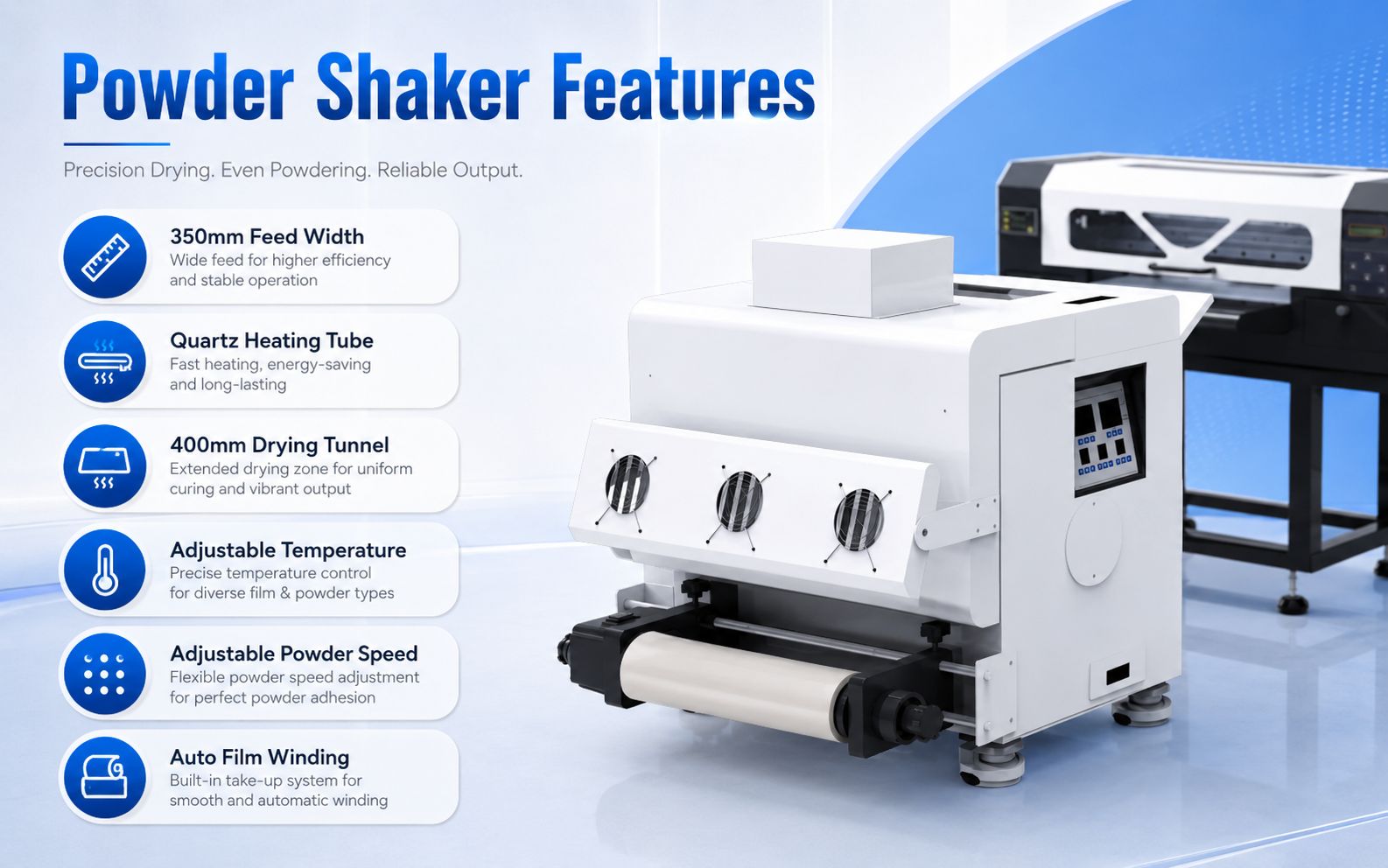 A3 DTF powder shaker machine with quartz heating tunnel and automatic film winding