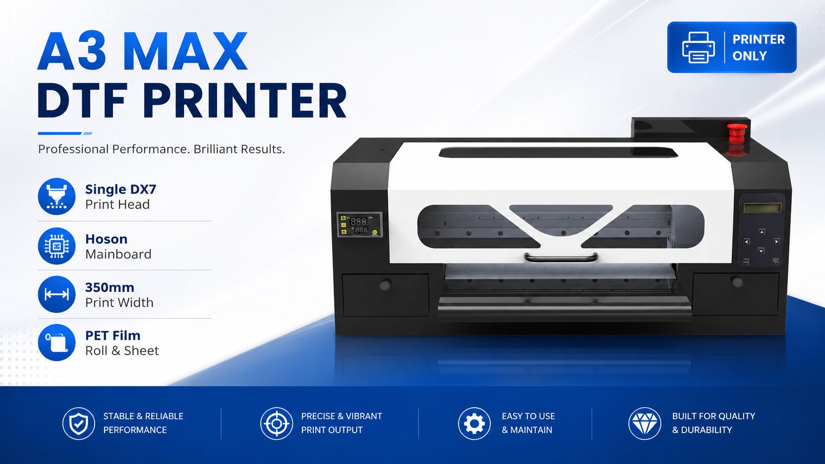 Product overview of EraSmart A3 MAX DX7 DTF printer