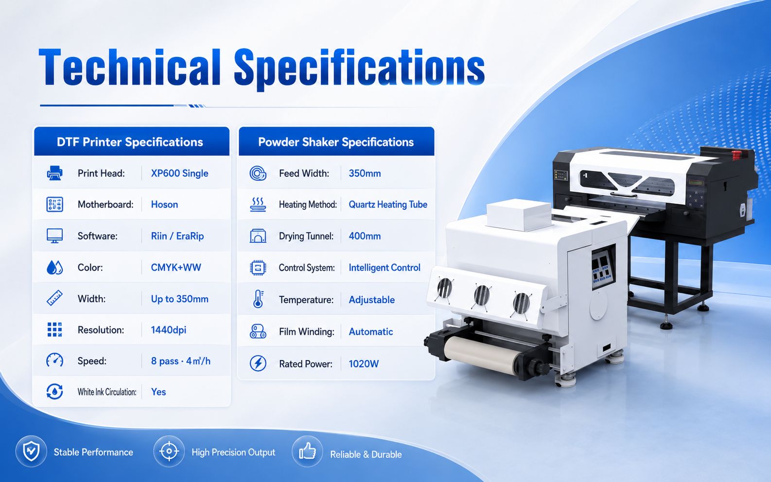 Technical specifications of A3 MAX XP600 DTF printer and A3 powder shaker
