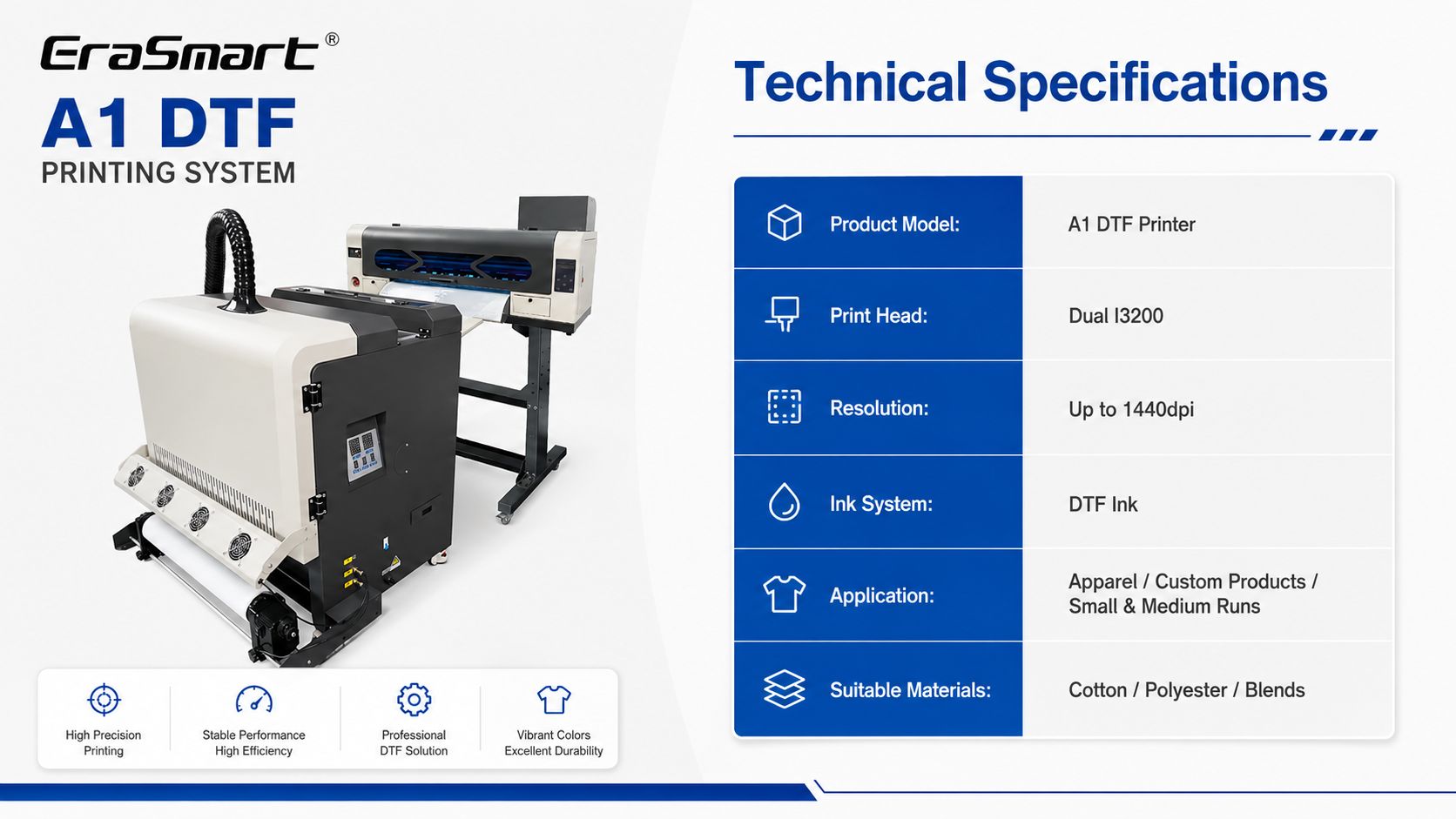 Technical specifications of EraSmart A1 DTF printer